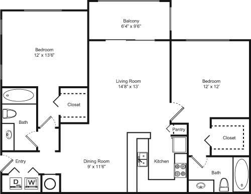 Floor plan for 2 beds, 2 baths, 1070 sqft