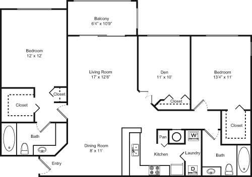 Floor plan for 3 beds, 2 baths, 1260 sqft