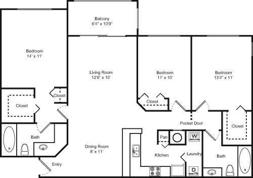 Floor plan for 3 beds, 2 baths, 1260 sqft