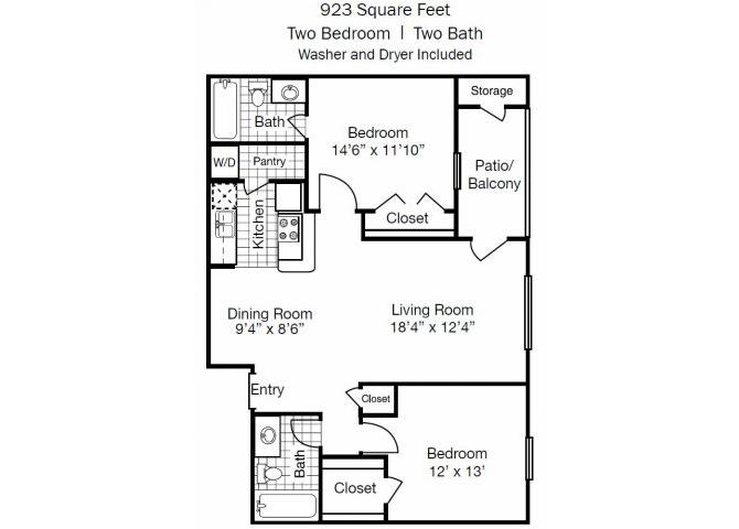 Floor plan for 2 beds, 2 baths, 923 sqft