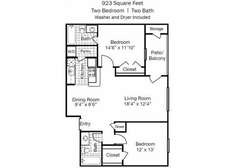 Floor plan for 2 beds, 2 baths, 923 sqft