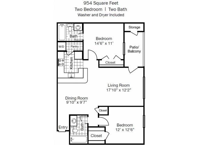 Floor plan for 2 beds, 2 baths, 954 sqft