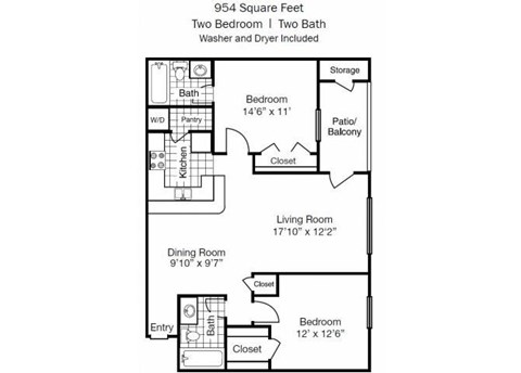 Floor plan for 2 beds, 2 baths, 954 sqft