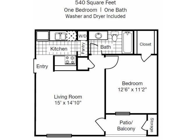 Floor plan for 1 bed, 1 bath, 540 sqft