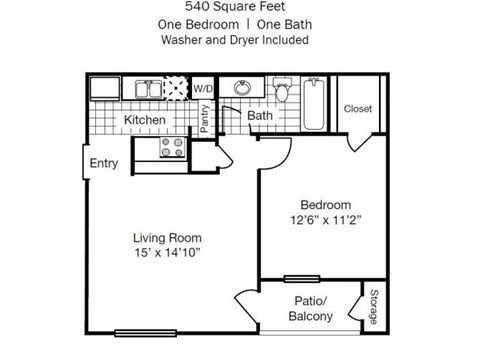 Floor plan for 1 bed, 1 bath, 540 sqft
