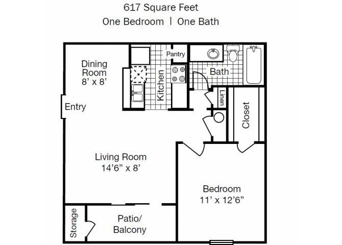 Floor plan for 1 bed, 1 bath, 617 sqft