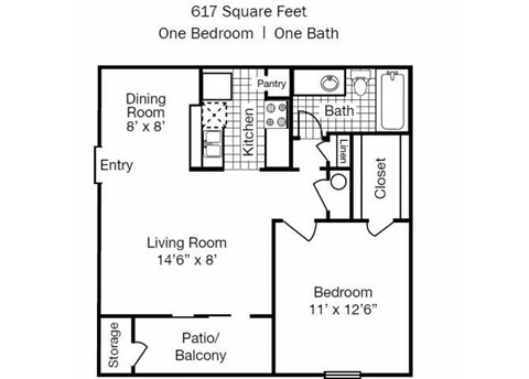 Floor plan for 1 bed, 1 bath, 617 sqft