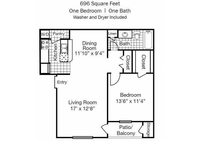 Floor plan for 1 bed, 1 bath, 696 sqft