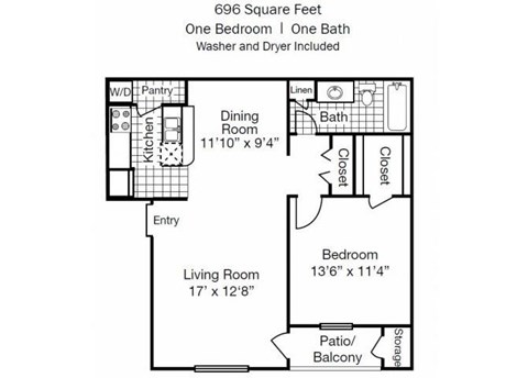 Floor plan for 1 bed, 1 bath, 696 sqft