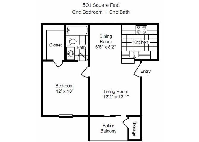 Floor plan for 1 bed, 1 bath, 501 sqft