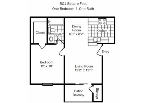 Floor plan for 1 bed, 1 bath, 501 sqft