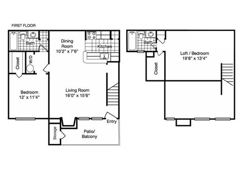 Floor plan for 2 beds, 2 baths, 1078 sqft