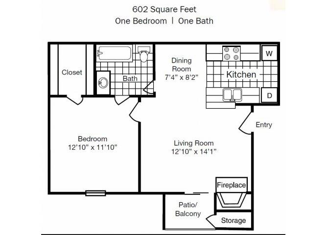 Floor plan for 1 bed, 1 bath, 602 sqft