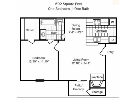 Floor plan for 1 bed, 1 bath, 602 sqft