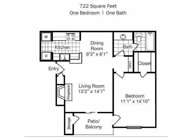 Floor plan for 1 bed, 1 bath, 722 sqft