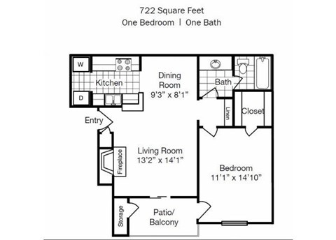 Floor plan for 1 bed, 1 bath, 722 sqft