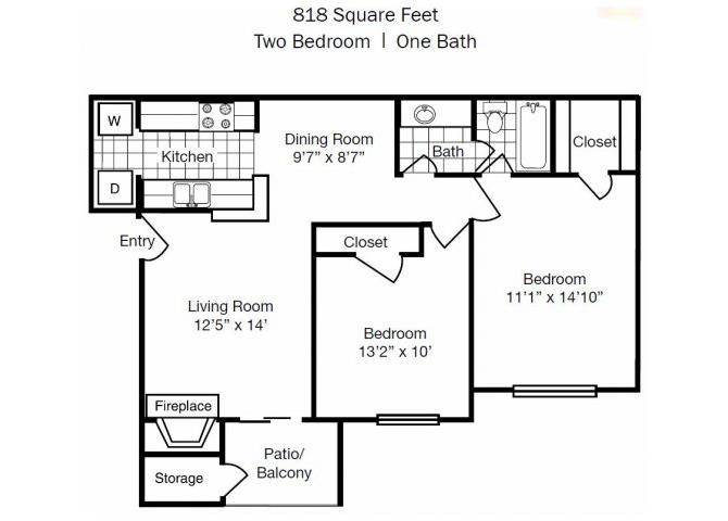 Floor plan for 2 beds, 1 bath, 818 sqft