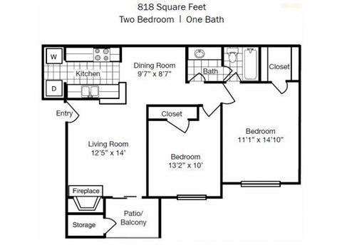 Floor plan for 2 beds, 1 bath, 818 sqft