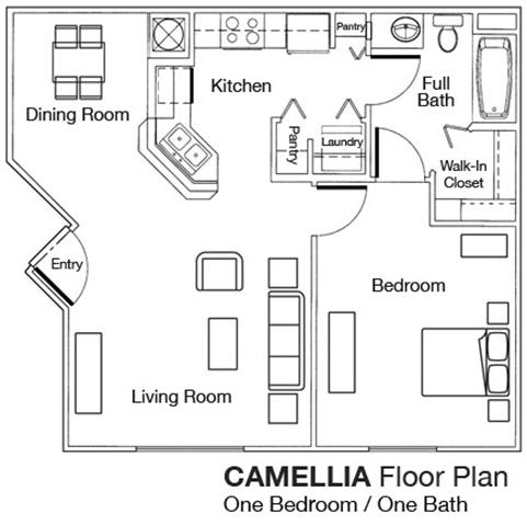 Floor plan for 1 bed, 1 bath, 704 sqft