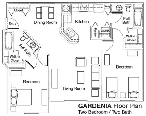 Floor plan for 2 beds, 2 baths, 1016 sqft