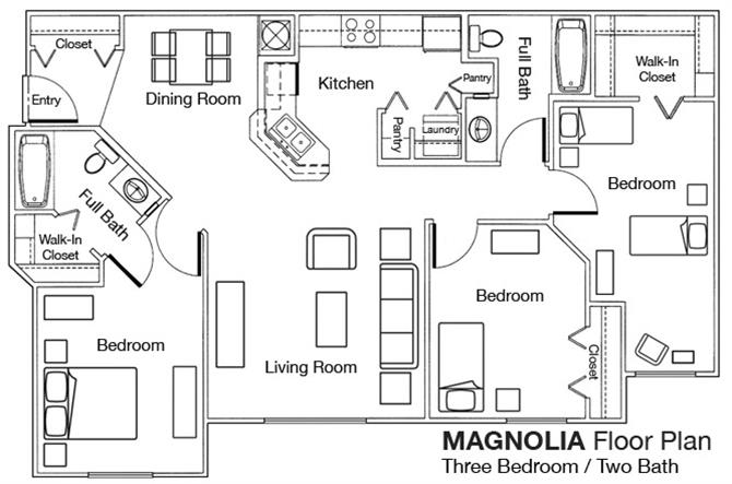 Floor plan for 3 beds, 2 baths, 1202 sqft