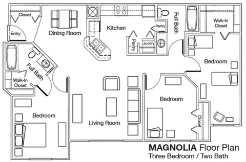 Floor plan for 3 beds, 2 baths, 1202 sqft