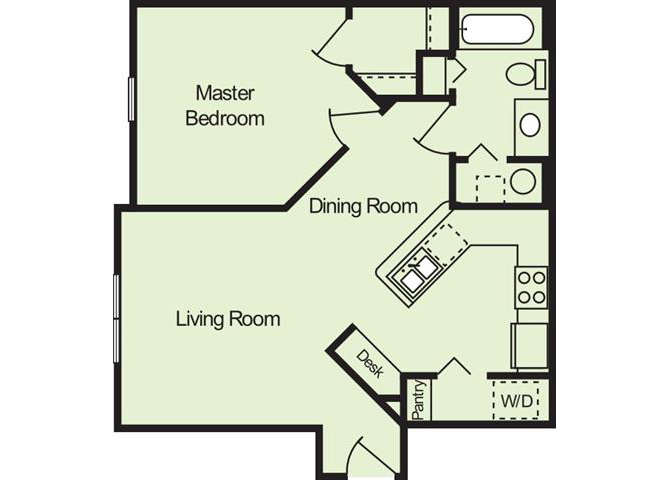 Floor plan for 1 bed, 1 bath, 676 sqft