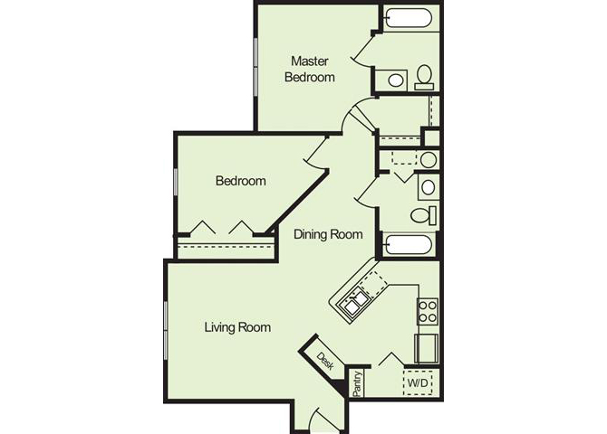 Floor plan for 2 beds, 2 baths, 903 sqft