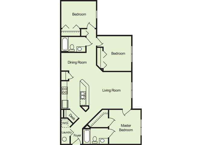 Floor plan for 3 beds, 2 baths, 1167 sqft