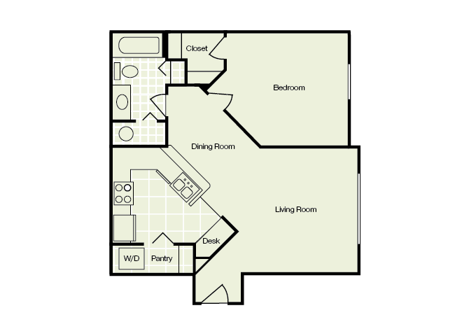 Floor plan for 1 bed, 1 bath, 704 sqft