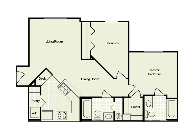 Floor plan for 2 beds, 2 baths, 925 sqft
