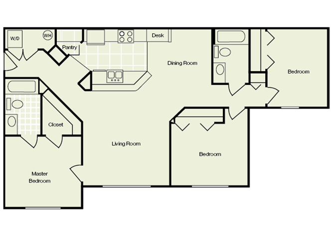 Floor plan for 2 beds, 2 baths, 1167 sqft