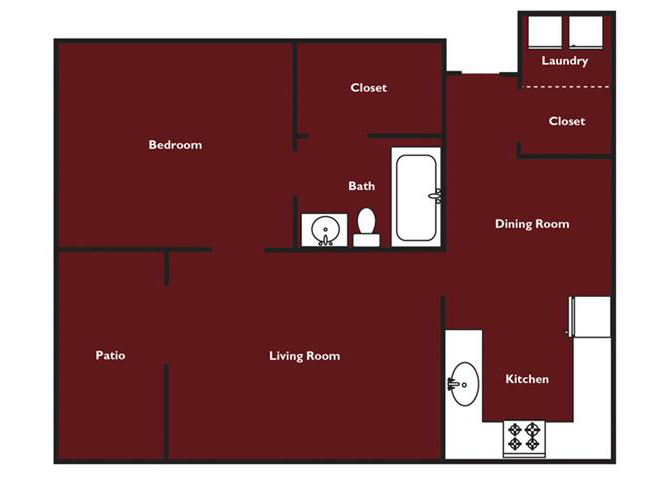 Floor plan for 1 bed, 1 bath, 672 sqft