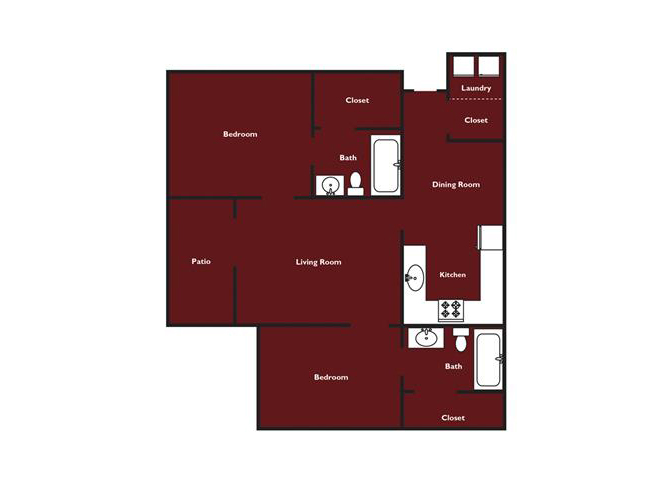 Floor plan for 2 beds, 2 baths, 916 sqft