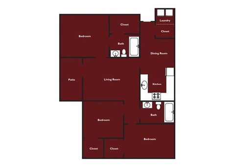 Floor plan for 3 beds, 2 baths, 1095 sqft