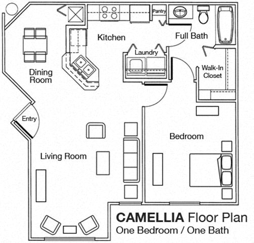 Floor plan for 1 bed, 1 bath, 732 sqft