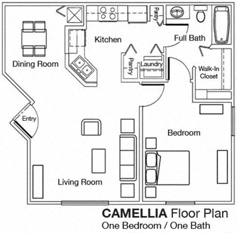 Floor plan for 1 bed, 1 bath, 700 sqft