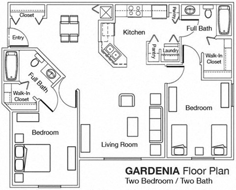 Floor plan for 2 beds, 2 baths, 991 sqft