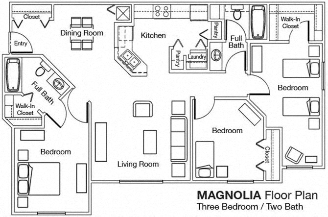 Floor plan for 3 beds, 2 baths, 1143 sqft