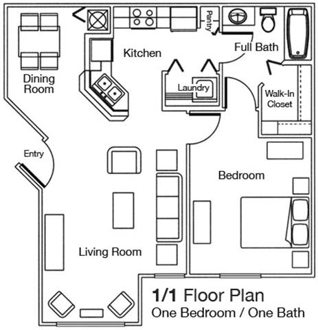 Floor plan for 1 bed, 1 bath, 732 sqft