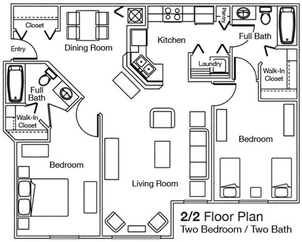Floor plan for 2 beds, 2 baths, 1032 sqft