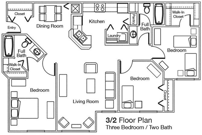 Floor plan for 3 beds, 2 baths, 1183 sqft
