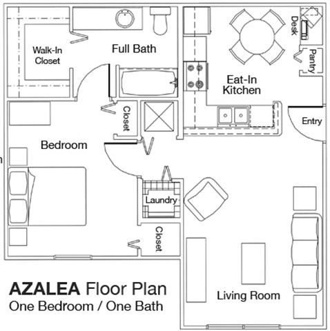 Floor plan for 1 bed, 1 bath, 685 sqft