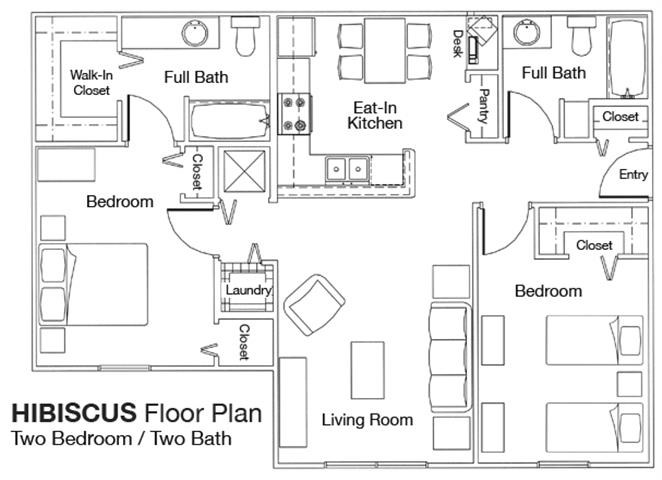 Floor plan for 2 beds, 2 baths, 982 sqft