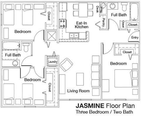 Floor plan for 3 beds, 2 baths, 1144 sqft