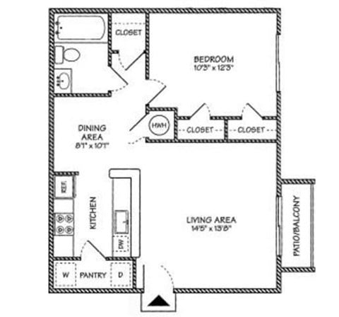 Floor plan for 1 bed, 1 bath, 660 sqft