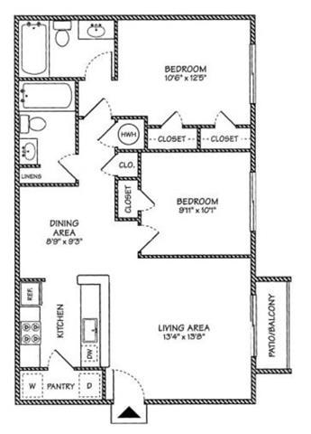 Floor plan for 2 beds, 2 baths, 868 sqft