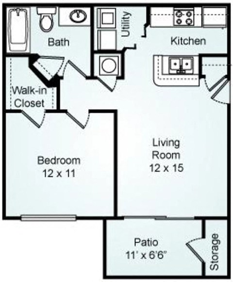 Floor plan for 1 bed, 1 bath, 699 sqft