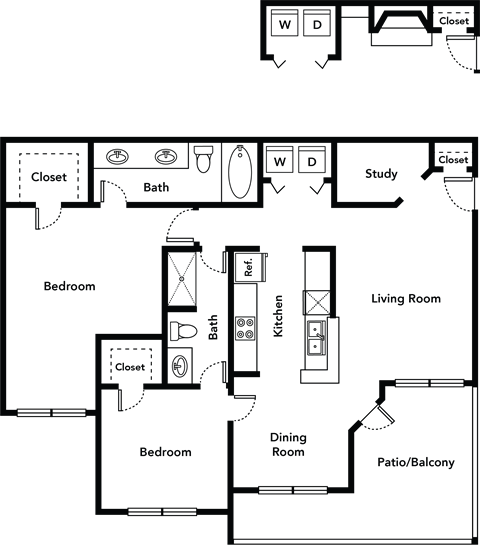 Floor plan for 2 beds, 2 baths, 1278 sqft
