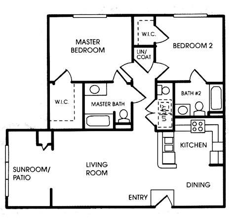 Floor plan for 2 beds, 2 baths, 1069 sqft